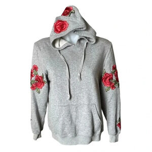 AQUA | Cotton Blend Floral Embroidered Gray Pullover Sweatshirt Hoodie Size XS